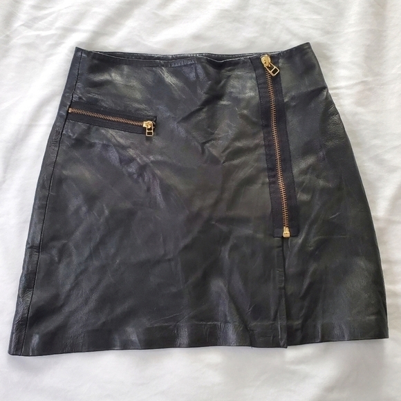 Bod & Christensen Genuine Leather Asymmetrical Zip Mini Black Skirt - Picture 1 of 15